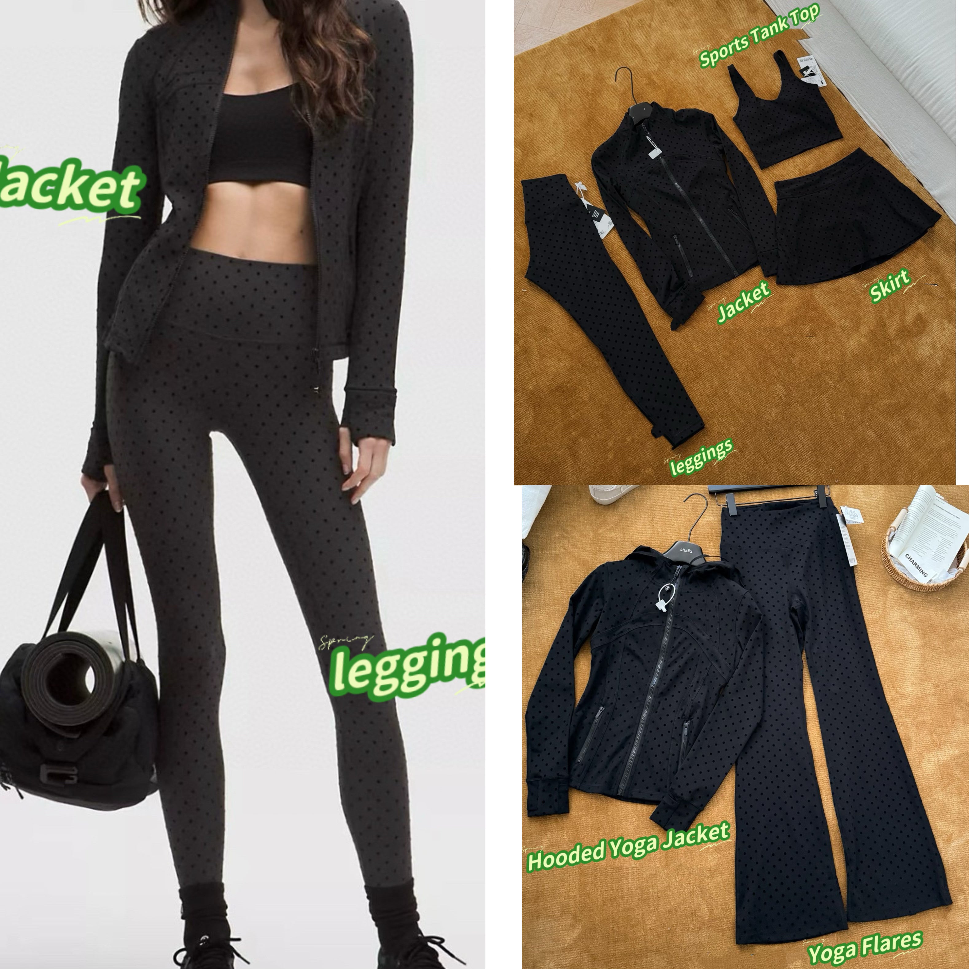 Women's Fitted Yoga Jacket Leggings Tank Top Flared Pants Skirt  Hooded JacketBlack Polka Dot Stretchy Breathable Activewear