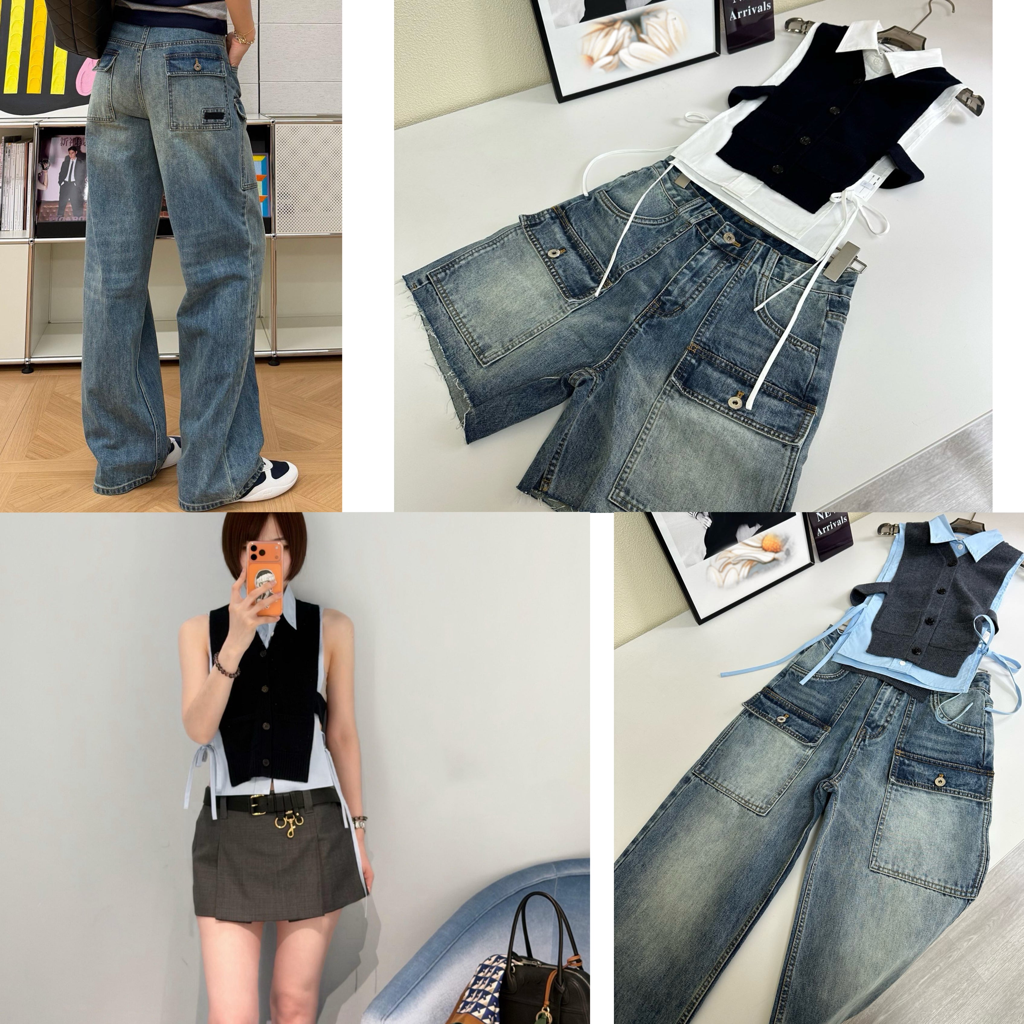 Women's High-Waist Multi-Pocket Vintage Blue Denim Shorts & Pants Cargo-Inspired Stretchy