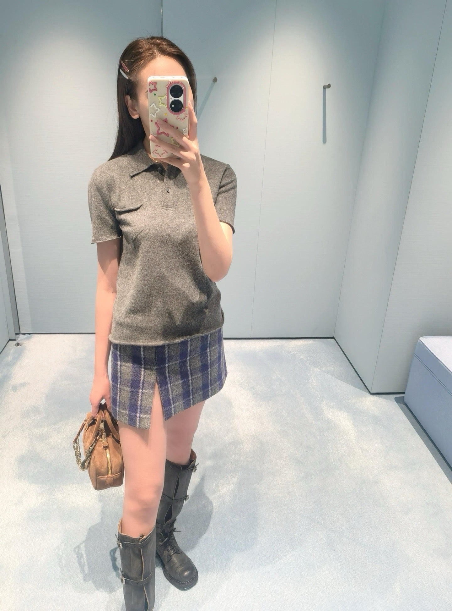 Wool Plaid Pinafore Dress, Collared Knit Polo Shirt & Tartan Mini Skirt Set - Preppy Style Woolen 3-Piece Collection