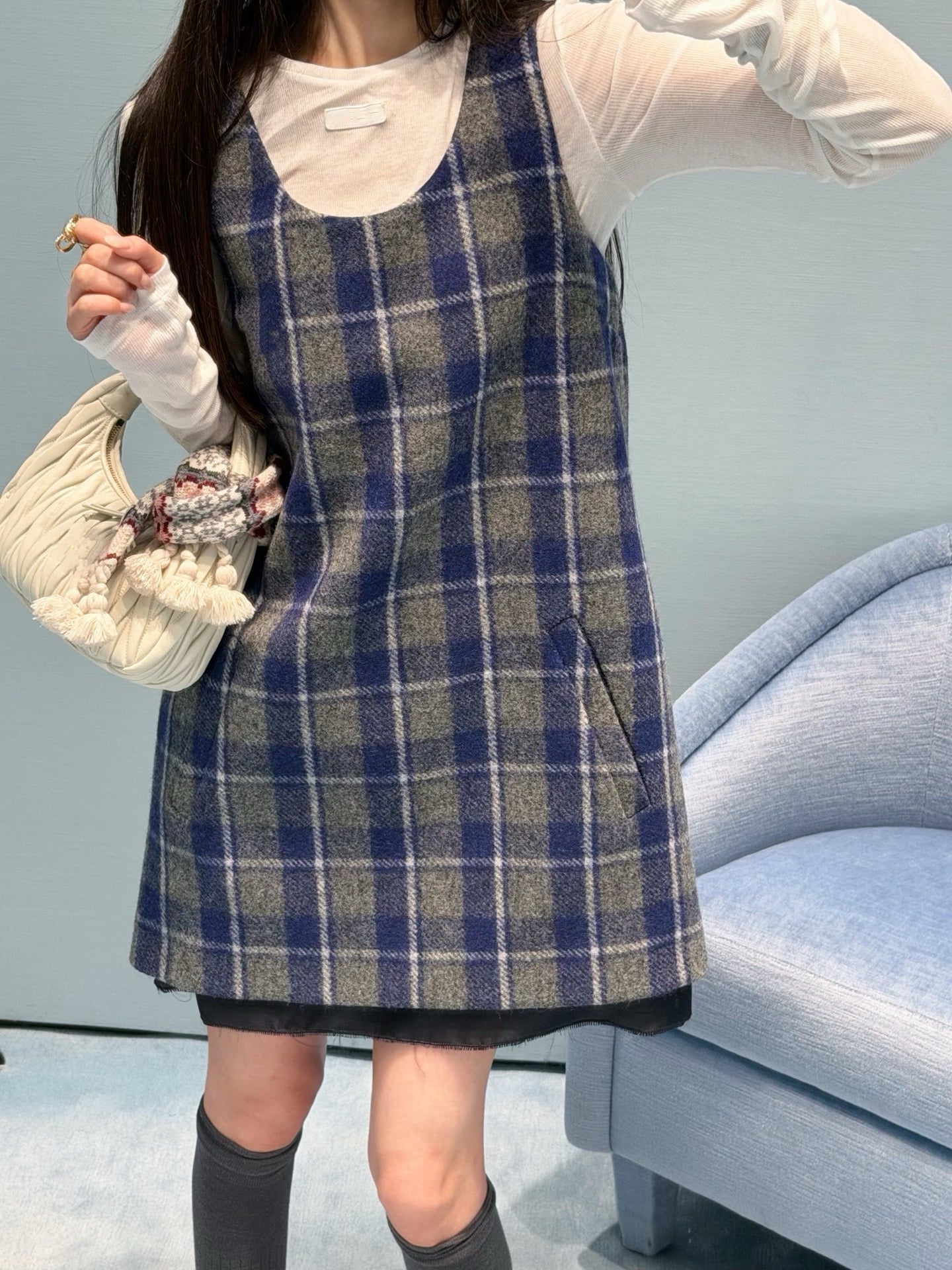 Wool Plaid Pinafore Dress, Collared Knit Polo Shirt & Tartan Mini Skirt Set - Preppy Style Woolen 3-Piece Collection