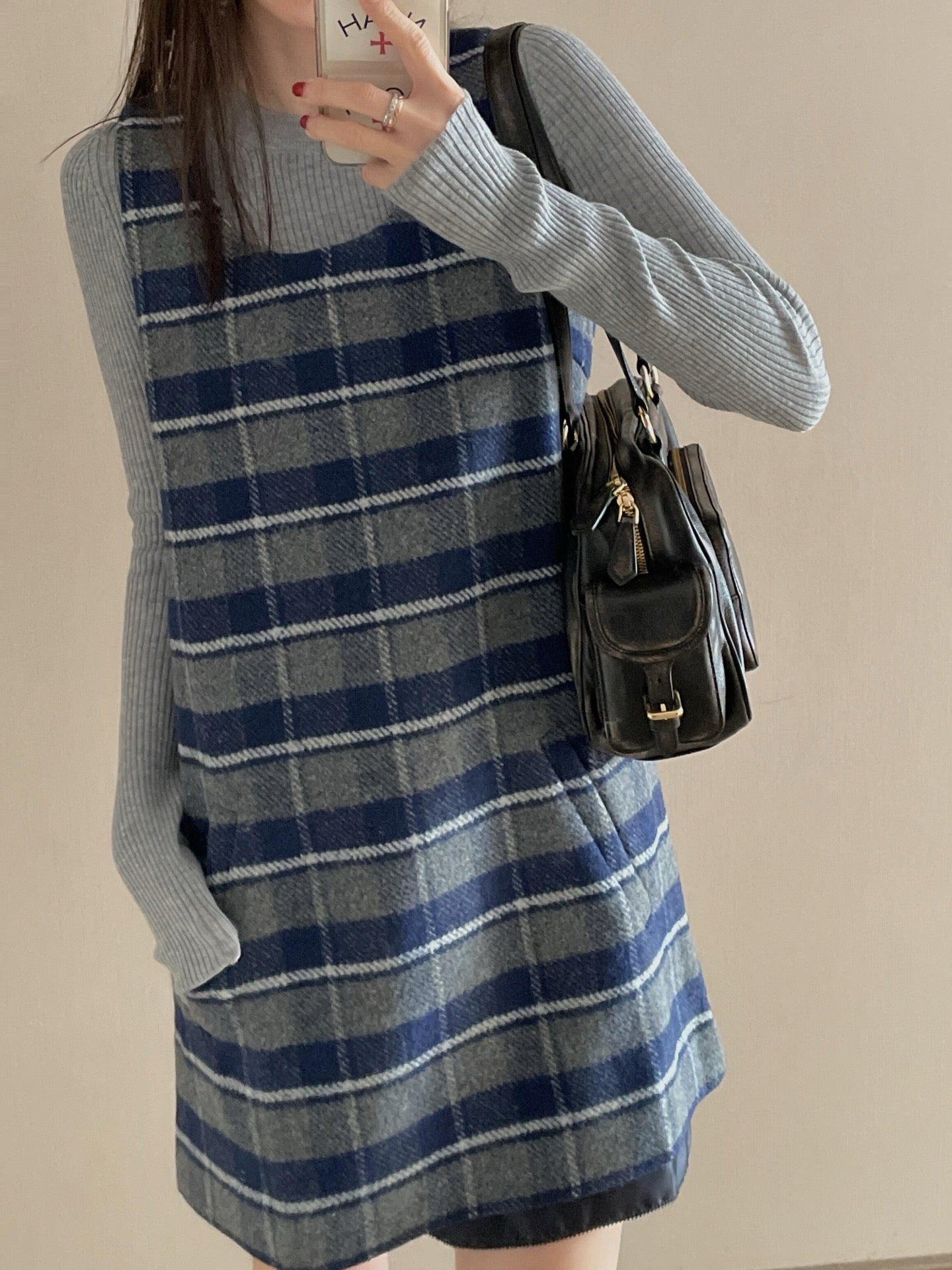 Wool Plaid Pinafore Dress, Collared Knit Polo Shirt & Tartan Mini Skirt Set - Preppy Style Woolen 3-Piece Collection