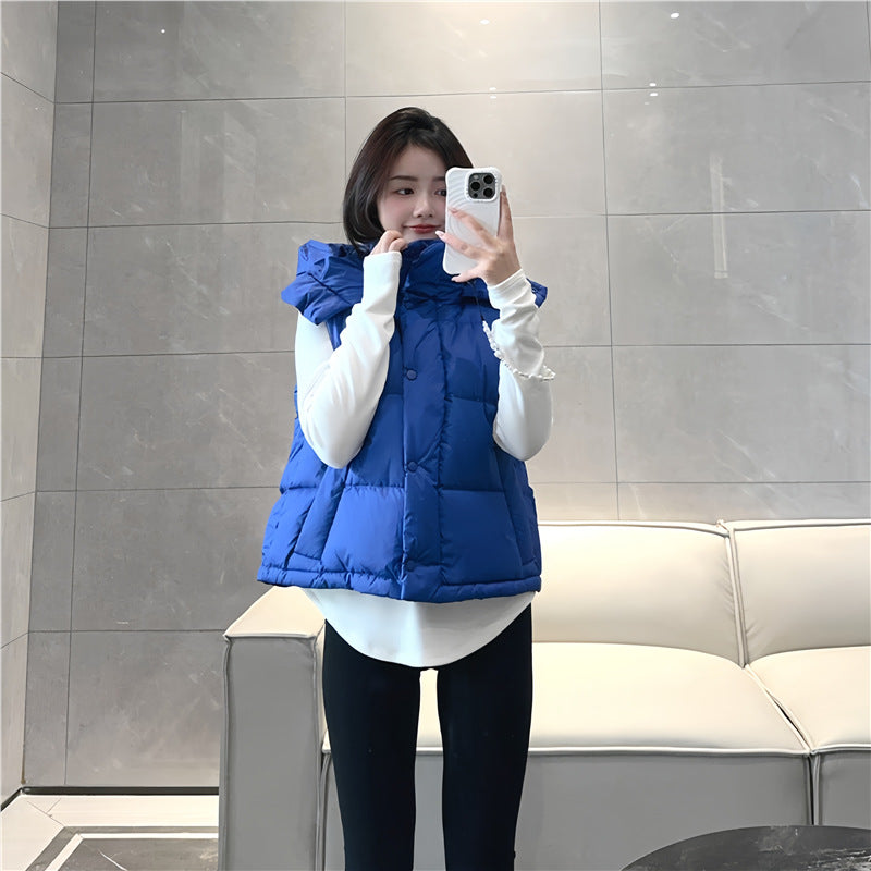 Winter Wund Puff Duck Down Four-Grid Vest Down Jacket Puff Hooded Short Coat for Women