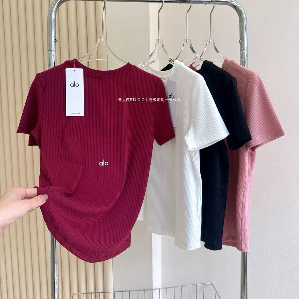 *Alo Curved Hem Short Sleeve25Summer Outdoor Casual Basic Anti-Stripe Versatile Breathable Round Neck Slimming T New T-shirt