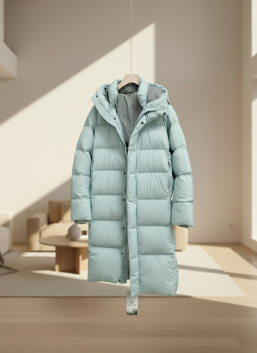 Long Duck Down Jacket With 7  horizontal baffles Hooded Warm Puffy Unisex Women Black White Grey Easy Clean 850FP model2360