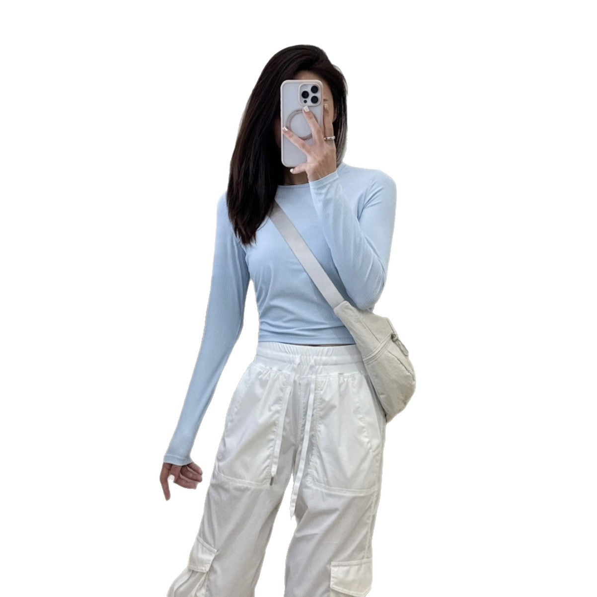 All it takes Threaded Long Sleeve Yoga Sports T T-shirt Fitness High Waist Pleated Slim Top