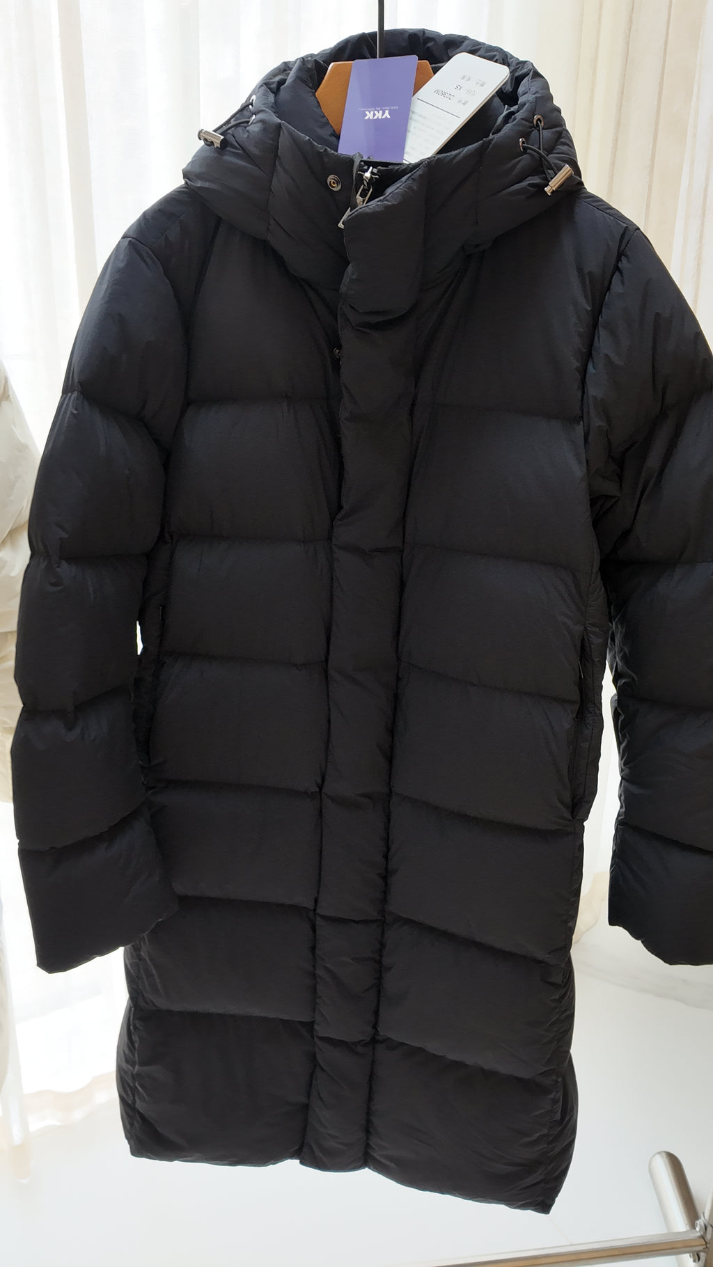 Long Duck Down Jacket With 7 horizontal baffles Hooded Warm Puffy Unisex Black White Grey Easy Clean 850FP model 2360