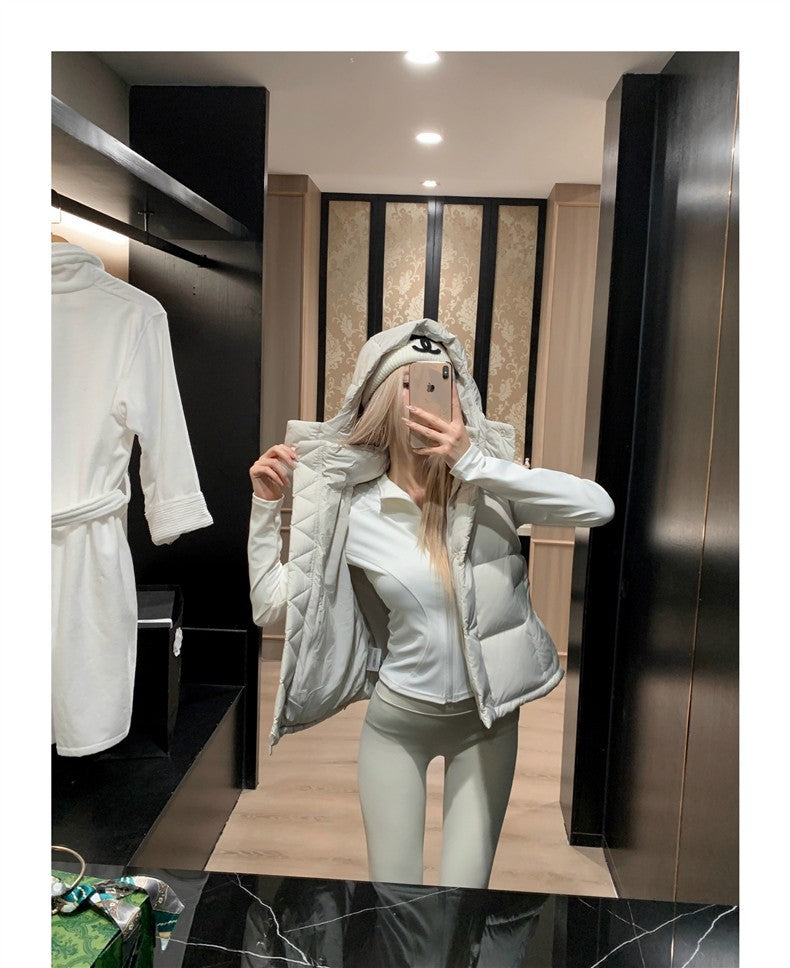 Winter Wund Puff Duck Down Four-Grid Vest Down Jacket Puff Hooded Short Coat for Women