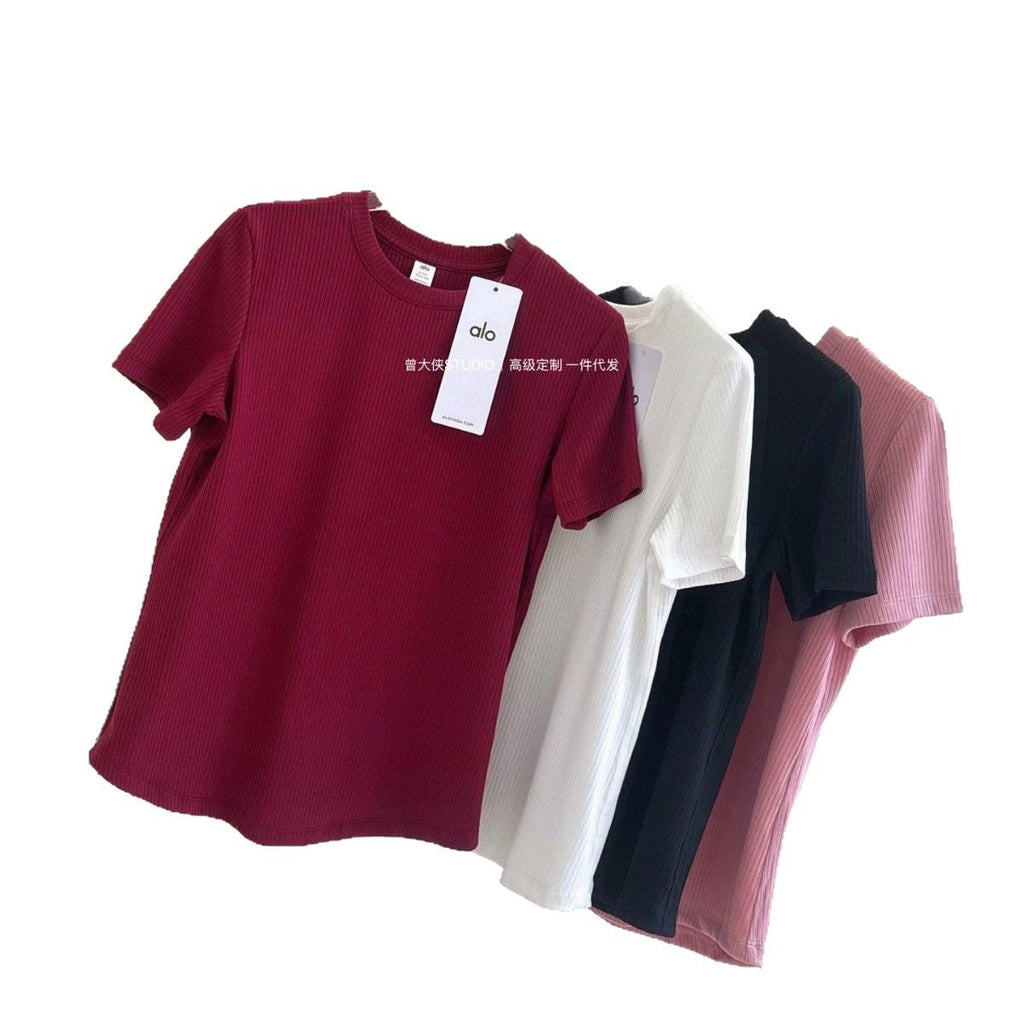 *Alo Curved Hem Short Sleeve25Summer Outdoor Casual Basic Anti-Stripe Versatile Breathable Round Neck Slimming T New T-shirt