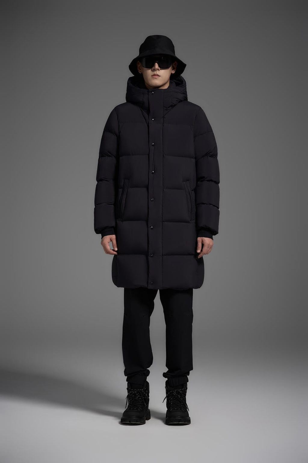 Long Duck Down Jacket With  6 horizontal baffles Hooded 850FP Warm Puffy Unisex Black Pocket Woman Man Easy Clean model 2323