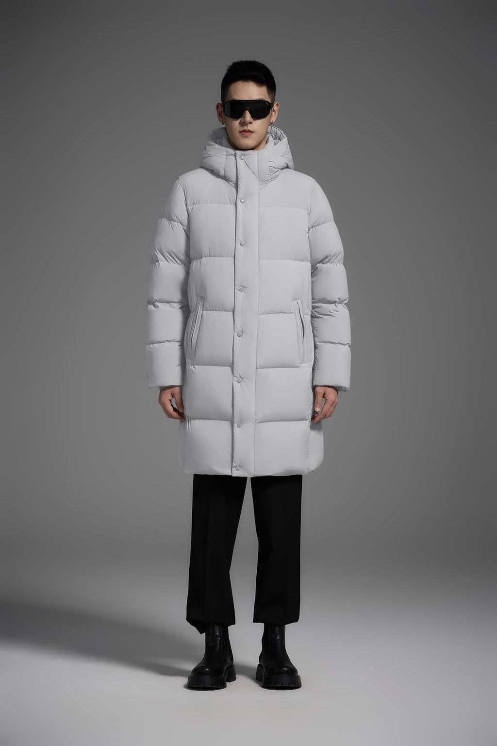 Long Duck Down Jacket With  6 horizontal baffles Hooded 850FP Warm Puffy Unisex Black Pocket Woman Man Easy Clean model 2323
