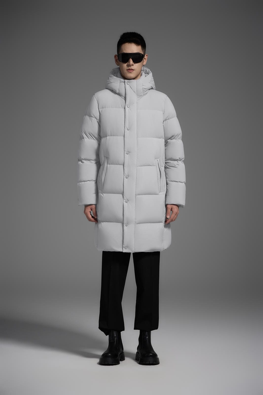 Long Duck Down Jacket With  6 horizontal baffles Hooded 850FP Warm Puffy Unisex Black Pocket Woman Man Easy Clean model 2323