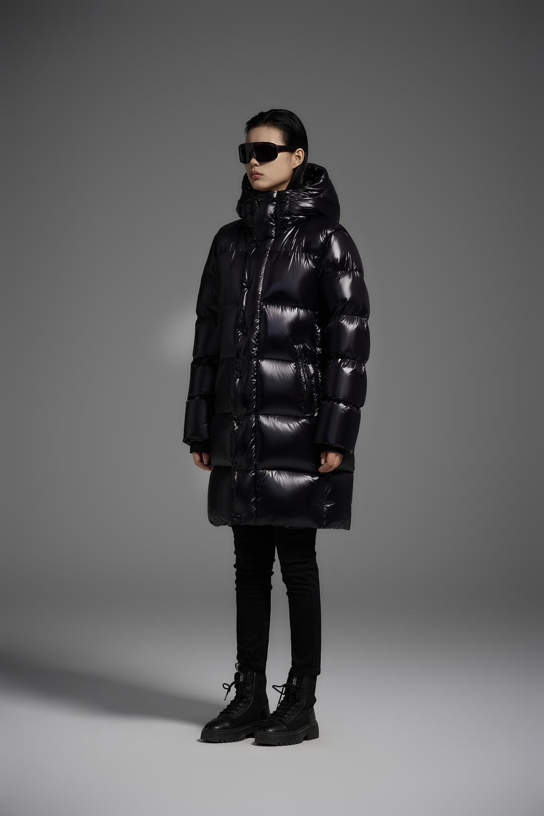 Long Duck Down Jacket With  6 horizontal baffles Hooded 850FP Warm Puffy Unisex Black Pocket Woman Man Easy Clean model 2323
