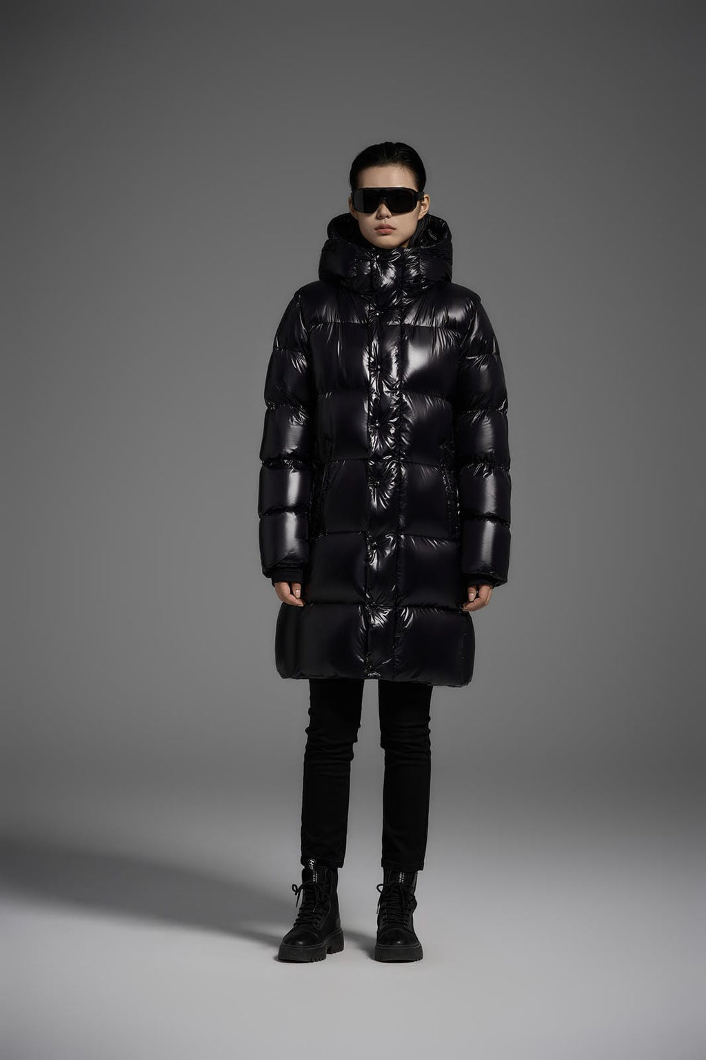 Long Duck Down Jacket With  6 horizontal baffles Hooded 850FP Warm Puffy Unisex Black Pocket Woman Man Easy Clean model 2323