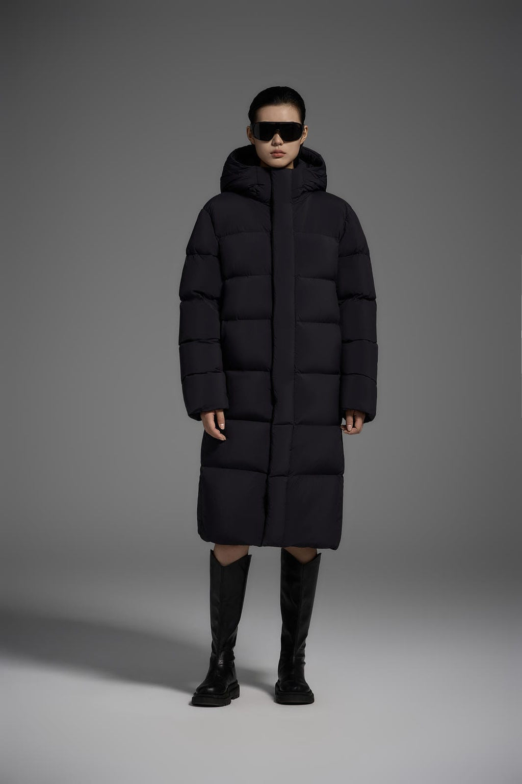 Long Duck Down Jacket With 7 horizontal baffles Hooded Warm Puffy Unisex Black White Grey Easy Clean 850FP model 2360