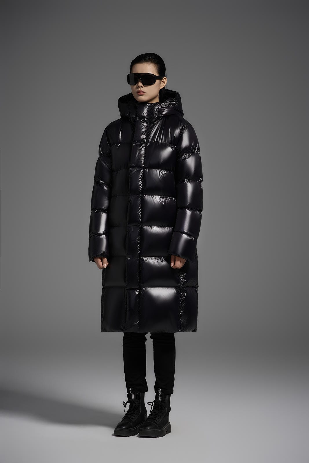 Long Duck Down Jacket With 7  horizontal baffles Hooded Warm Puffy Unisex Women Black White Grey Easy Clean 850FP model2360