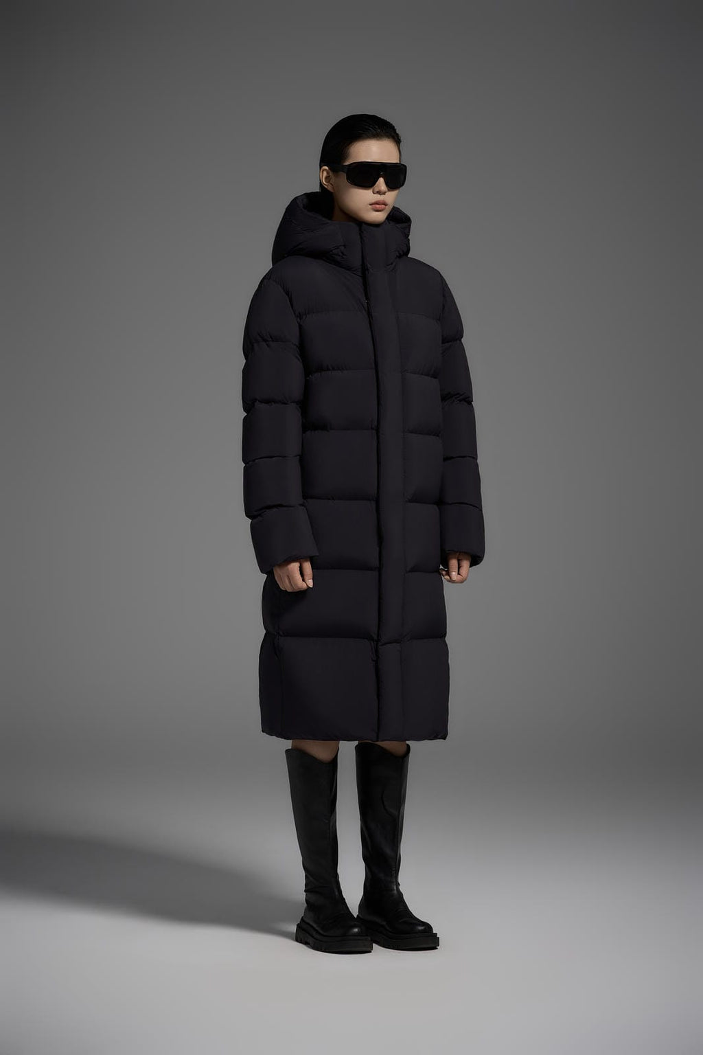 Long Duck Down Jacket With 7 horizontal baffles Hooded Warm Puffy Unisex Black White Grey Easy Clean 850FP model 2360