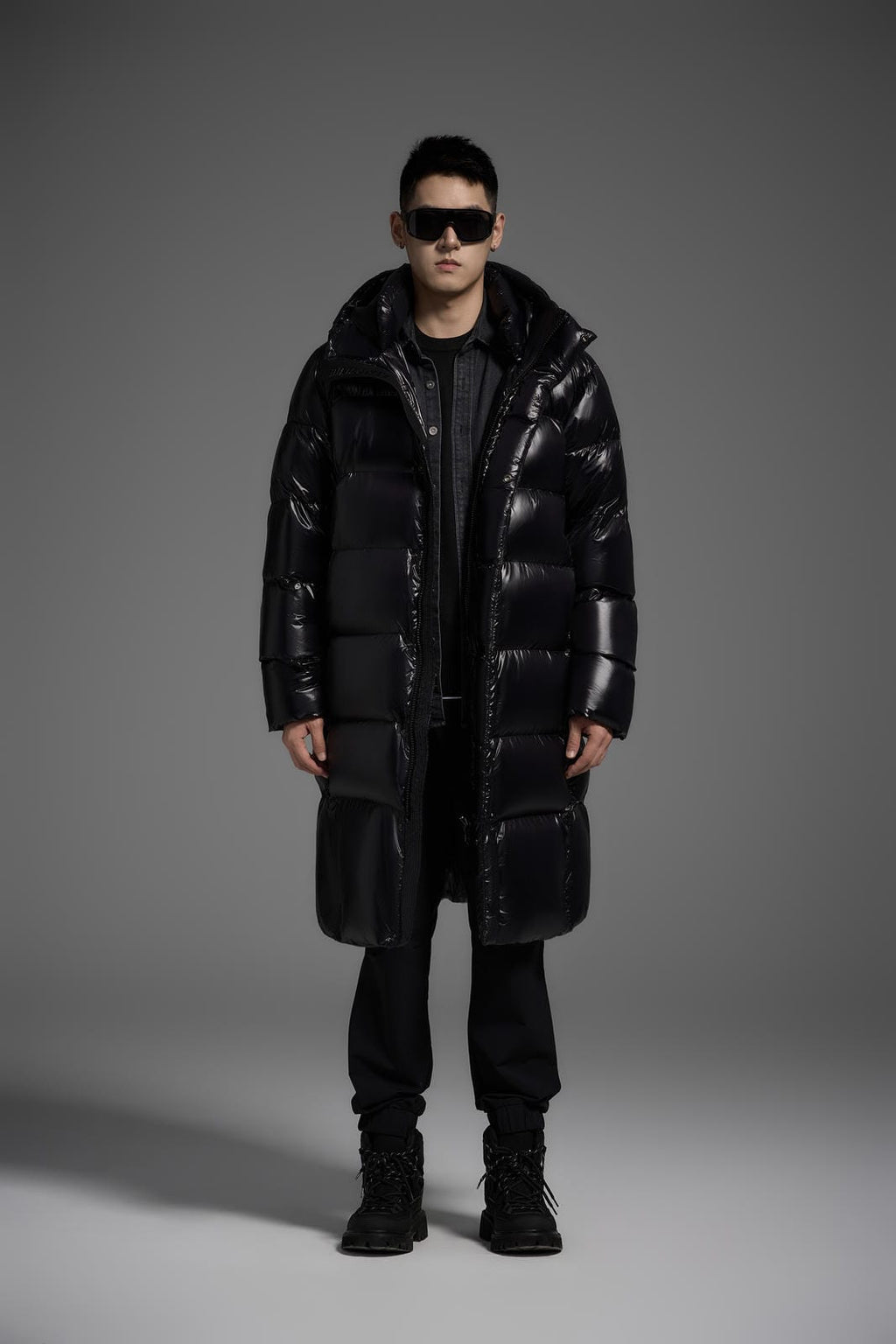 Long Duck Down Jacket With 7 horizontal baffles Hooded Warm Puffy Unisex Black White Grey Easy Clean 850FP model 2360