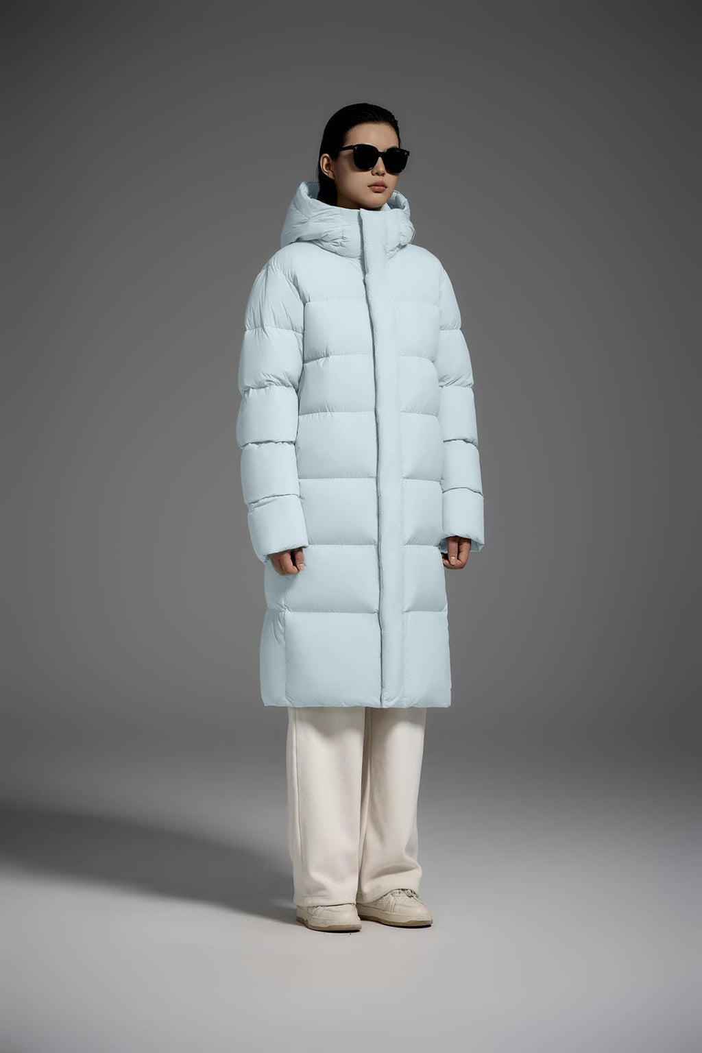 Long Duck Down Jacket With 7  horizontal baffles Hooded Warm Puffy Unisex Women Black White Grey Easy Clean 850FP model2360