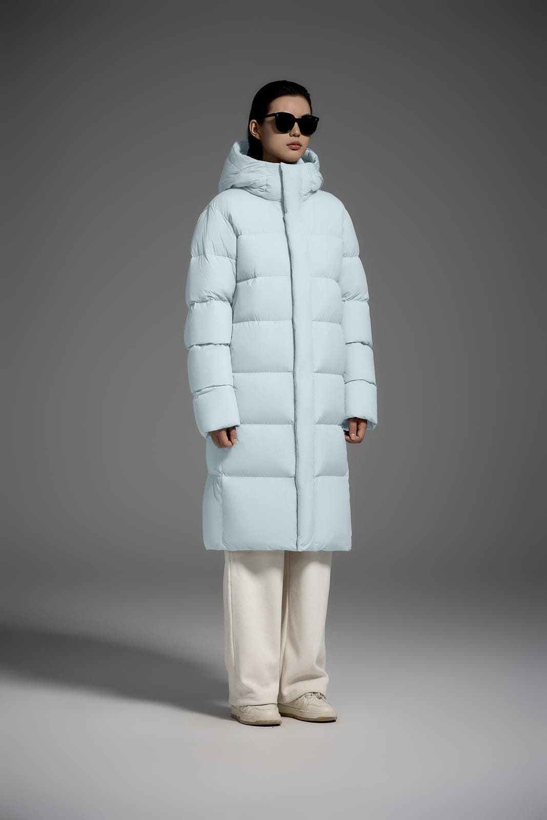 Long Duck Down Jacket With 7  horizontal baffles Hooded Warm Puffy Unisex Women Black White Grey Easy Clean 850FP model2360